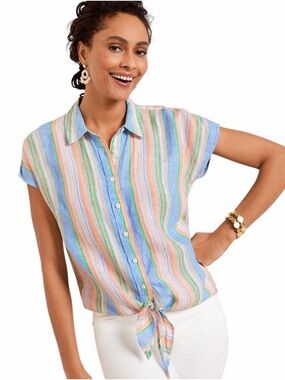 Talbots Swing Stripe Linen Tie Hem Button Front Top Womans S